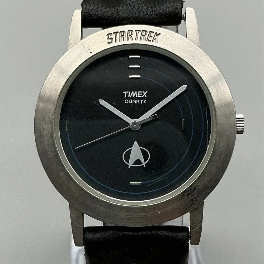 Vintage Timex Star Trek Mens Watch 34mm Black Logo Dial Leather Band New Battery